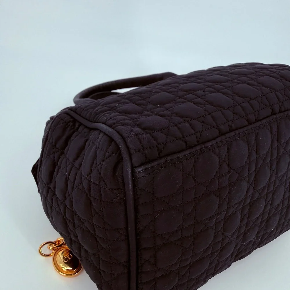 Vintage Dior Lady Dior Nylon Handbag Black Quilted Cannage Gold Charm Classic